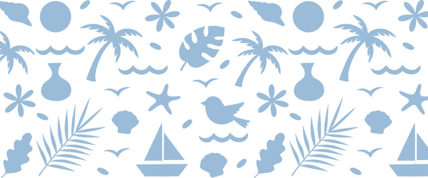 Purple tropical island seamless pattern with palm trees