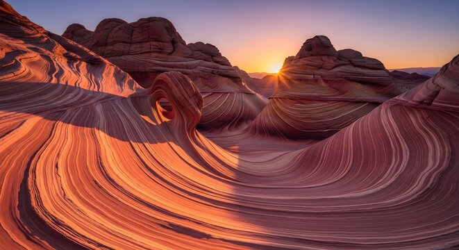 Unique sandstone rock formations illuminated by vibrant sunset in a desert landscape