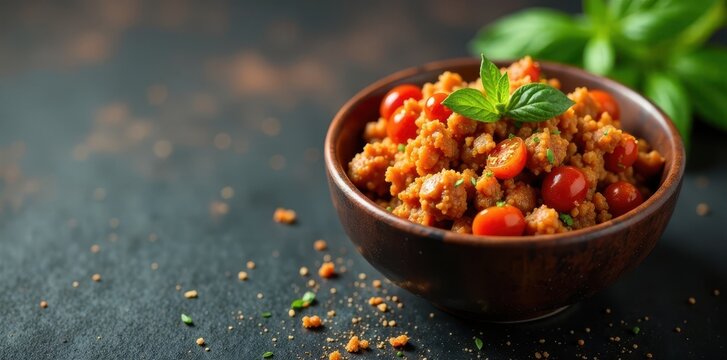 Spicy ground pork and tomato mixture in a small bowl, tomatoes, spicy dip