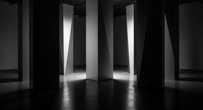 Dark room with several tall white columns standing in a row with light shining through gaps