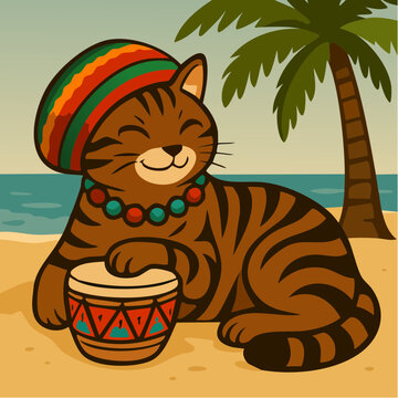 A cartoon brown tabby cat wearing colorful hat and beads, playing djembe drum on tropical beach under palm tree, serene expression, vibrant artistic style, summer vacation, relaxed, fun, mus