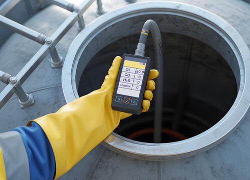 Industrial worker using a portable gas detector to measure air quality and check for hazardous gases before entering a confined space. Essential safety procedure and hazard prevention.