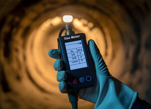 Industrial worker using a portable gas detector to measure air quality and check for hazardous gases before entering a confined space. Essential safety procedure and hazard prevention.