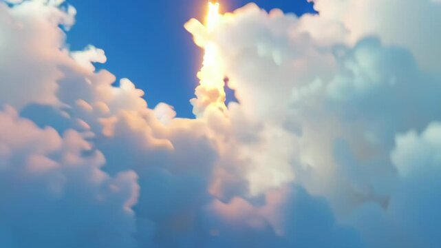 Rocket launch into blue sky above clouds at sunrise