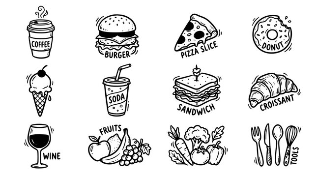 Hand drawn food and drink doodle icon set with coffee burger pizza and dessert vector isolated on white