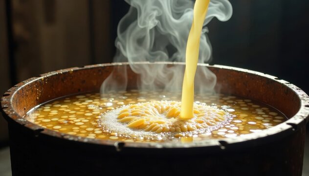 Steamy liquid flows through the mash tun as grains soak in hot water, mashing process, liquids