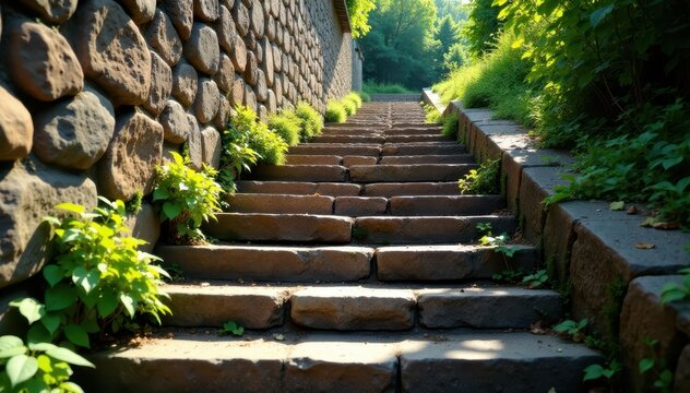 Step Leading Down Stone Steps In Old Fortified Wall, fortifications, stone path
