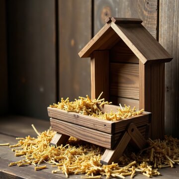 Still life of empty wooden manger in rustic setting amidst straw and burlap, manger, barn