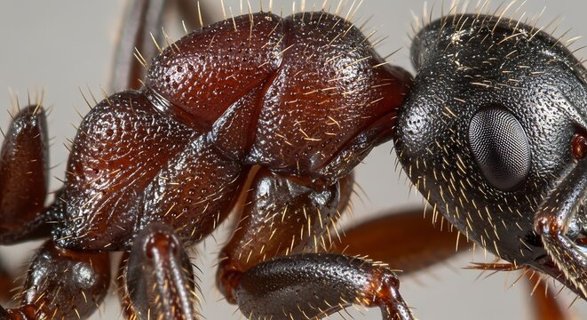 Close-up photography of a large brown ant facing a hairy black insect head with visible eyes and mandibles.