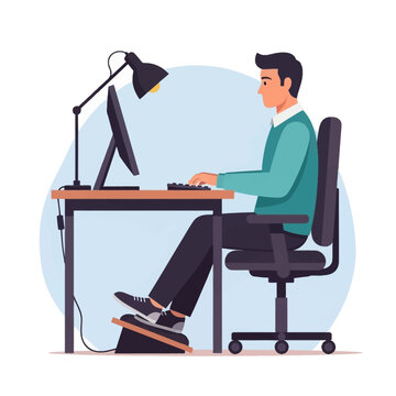 Side view of a man sitting at a computer desk with correct ergonomic posture, placing his feet on an adjustable angled footrest while typing, flat vector illustration.