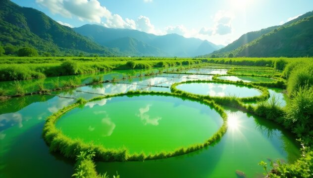 Sunny algae farm with green ponds in the background, nature, farming