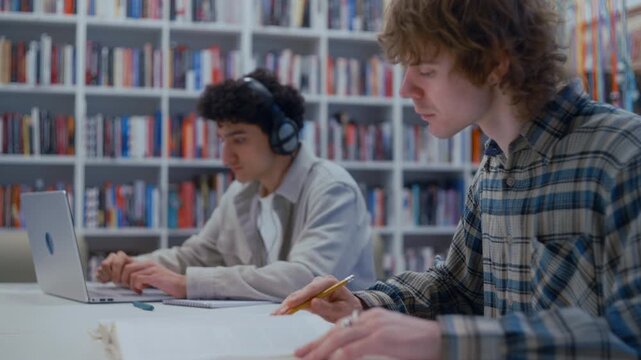 Collaborative learning unfolds as one young man in headphones works on a computer. Beside him, his friend flips through a workbook filled with annotations and highlights.