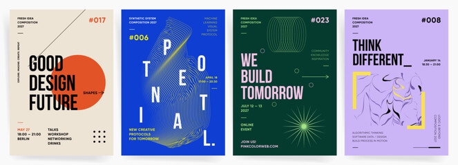 Naklejka premium Modern abstract posters. Set of creative event templates. Bold typography and geometric shapes for technology conference, design festival, and futuristic graphic layout.