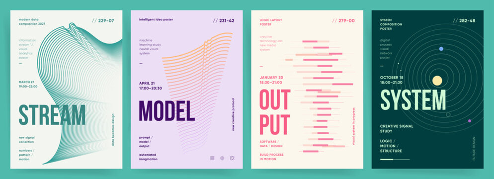 Futuristic technology posters. Set of abstract data visualization templates. Wave lines, system graphics, and digital layouts for business presentation and creative design.