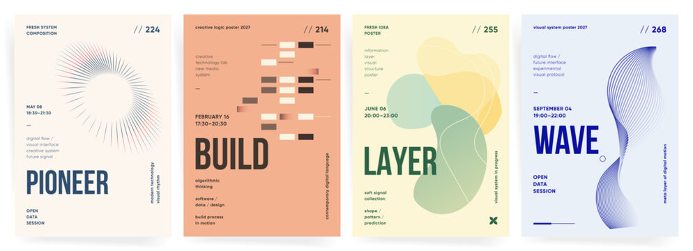 Modern visual system posters. Set of abstract technology templates. Line waves, soft geometric shapes, and digital interface layouts for creative data design.