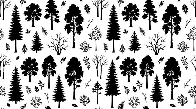 Seamless black tree silhouette pattern on beige background for forest wallpaper and textile design