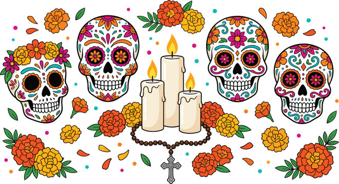 Day of the Dead Sugar Skull Illustration with Marigold Flowers, Candles, Rosary, and Colorful Dia de los Muertos Vector Elements