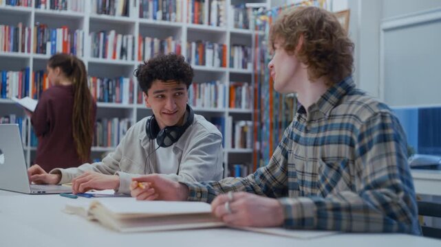 A friendly study session unfolds as two students work side by side on homework. The atmosphere feels relaxed yet productive, with a girl in the background selecting a book among wooden shelves.