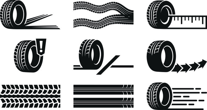 Tire Track and Wheel Icon Collection with Automotive Tread Marks, Speed Motion Symbols, and Black Transport Vector Elements Set
