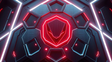 Fototapeta premium Futuristic tunnel design. Geometric shapes glow with vibrant red, blue neon lights. Dark background emphasizes complex structure.