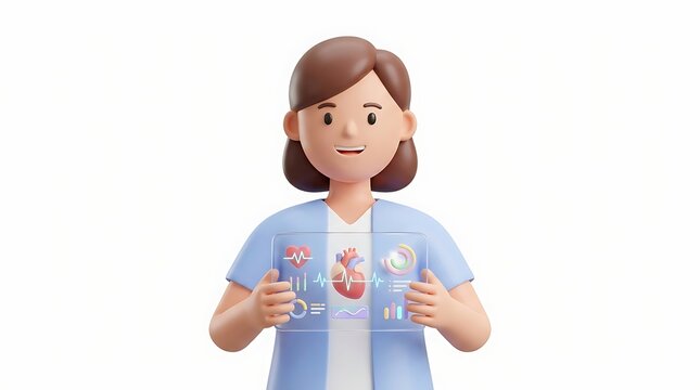 3D cartoon character of a female nurse or doctor presenting medical information on a holographic screen.