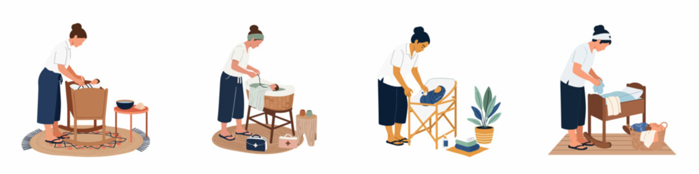 Professional midwife or doula providing newborn infant care in a nursery setting, including diaper changing and swaddling, shown in flat illustration style.