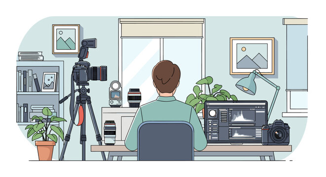 A person sits at a desk in a room, editing photos on a computer with a camera and tripod nearby.