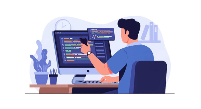 Flat vector illustration of a male software developer sitting at a desk programming on a desktop computer monitor and using a smartphone, showing code snippets and office decor.