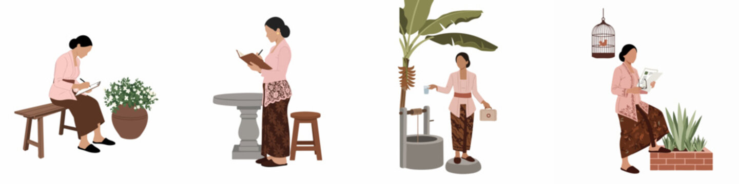 A collection of four flat illustrations featuring a woman in traditional Indonesian Kebaya and Batik engaging in various daily and professional activities.