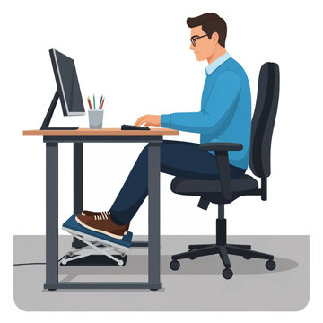 Side view vector illustration of a businessman in a blue sweater sitting in an ergonomic chair at a desk, using a computer and resting his feet on an adjustable ergonomic footrest.
