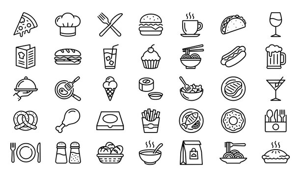 Food and drink icons set: pizza burger coffee taco wine hot dog beer sushi ice cream cake salad steak martini