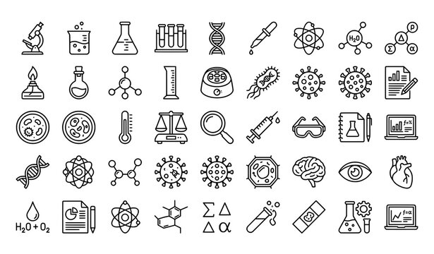 Medical and scientific research icons: DNA atoms viruses bacteria brain heart microscope beakers flasks test