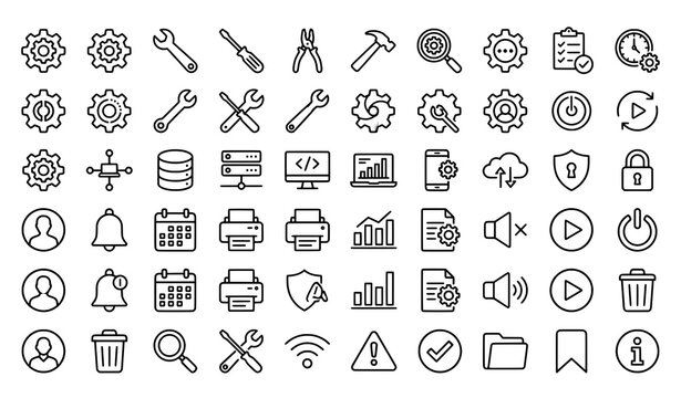 Technology and settings icons: gears wrenches hammer screwdriver pliers computer laptop server database cloud