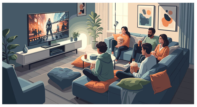 A diverse group of friends and family enjoying an action movie on a large screen in a cozy, modern living room.