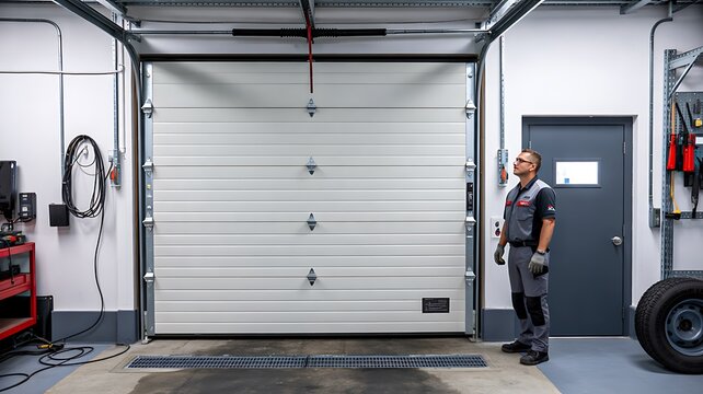Interior automatic garage door with mechanic standing in modern workshop