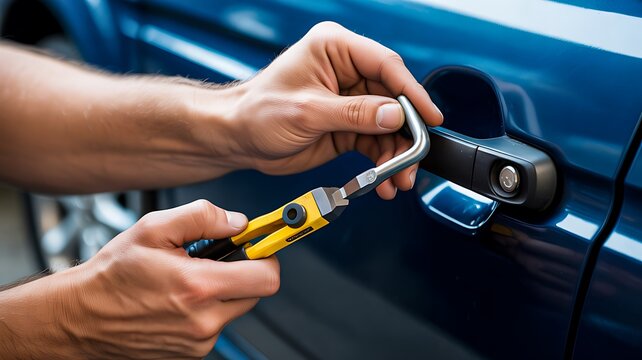 Hand unlocking blue car door with key and tool closeup