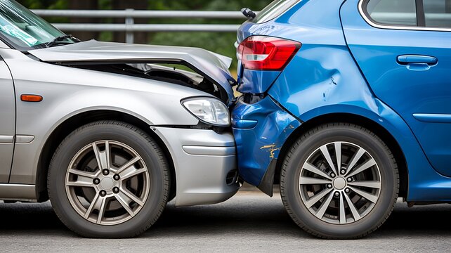  Rear end car collision accident with damaged vehicles on road