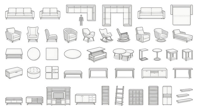 Living Room Seating and Tables Vector Icon Set &ndash; Modern Minimalist Grid of Sofas, Armchairs, Coffee Tables, and Entertainment Units