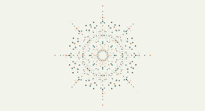 Minimalist geometric mandala ornament with circular symmetry featuring dots and fine lines in muted orange and teal on a cream background, detailed radial pattern and abstract design.