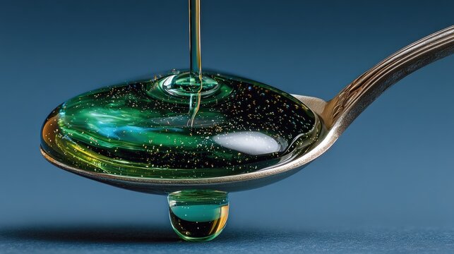 Close-up of a glossy green drop on a silver spoon.