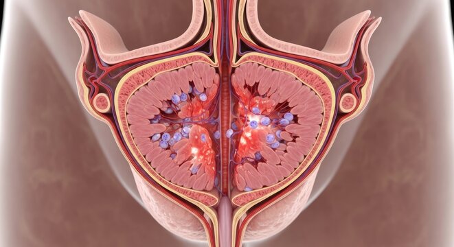 Prostatic organ anatomy: male anatomy, urology study, tissue inflammation, prostatitis ailment, zonal structure, urethra conduit, bladder connection, adenoma tumor, cancer growth.