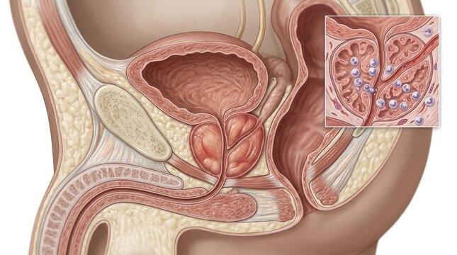 Male pelvic organ: prostate gland, zonal morphology, human anatomy, inflammatory condition, clinical visualize, urinary system, pathological change.