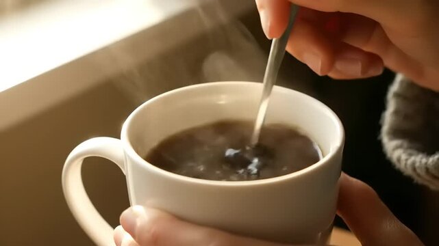 Close-up of a person stirring hot coffee in a white mug.