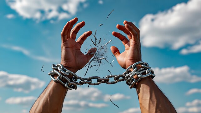 Hands breaking metal chain against blue sky symbolizing freedom liberation and empowerment