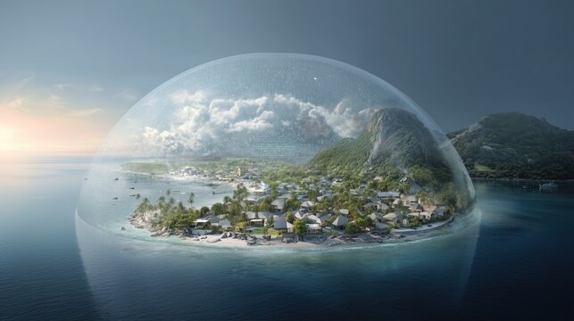 Enclosed Paradise: A vibrant island community is encapsulated within a shimmering geodesic dome, offering a unique blend of lush tropical landscape and a surreal.