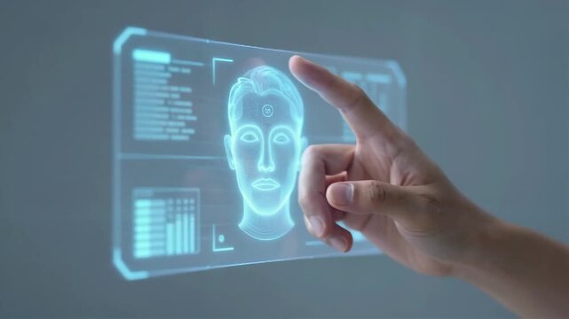 A hand interacting with futuristic holographic screens displaying facial data.