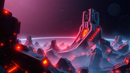 Fototapeta premium Futuristic cityscape glows with neon lights. Structures rise from terrain under vibrant sky. Dramatic lighting creates intense mood.