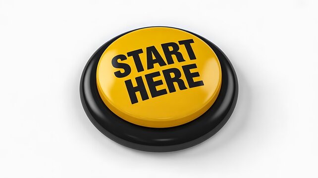 Yellow start here button isolated on white background