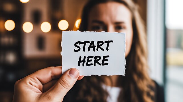 Person holding start here note for motivation and new beginning concept