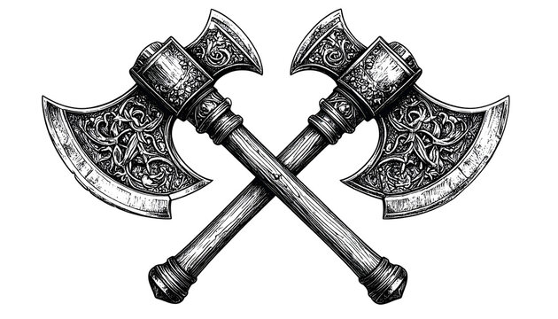 Medieval Battle Axes Crossed in Black and White Isolated Graphic